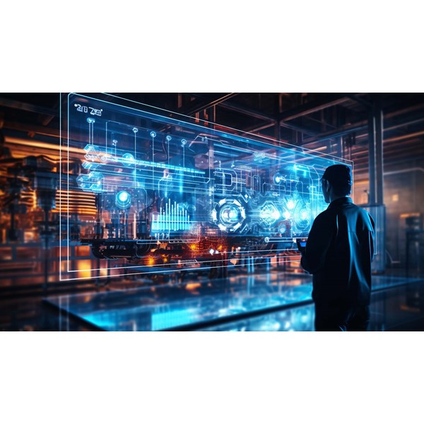 En person står och tittar på en holografisk skärm med futuristisk grafik i en industrimiljö.